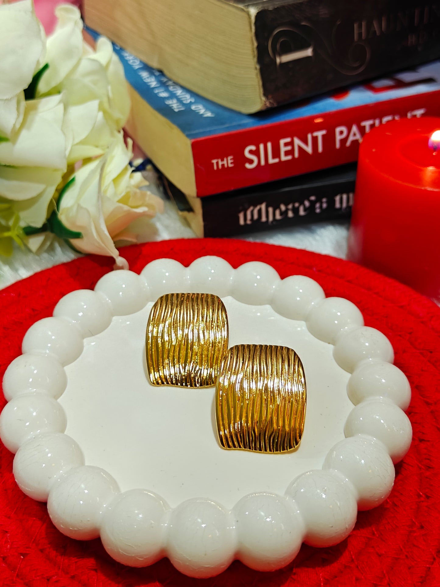 Elegant Textured Gold Square Stud Earrings at Dilverse