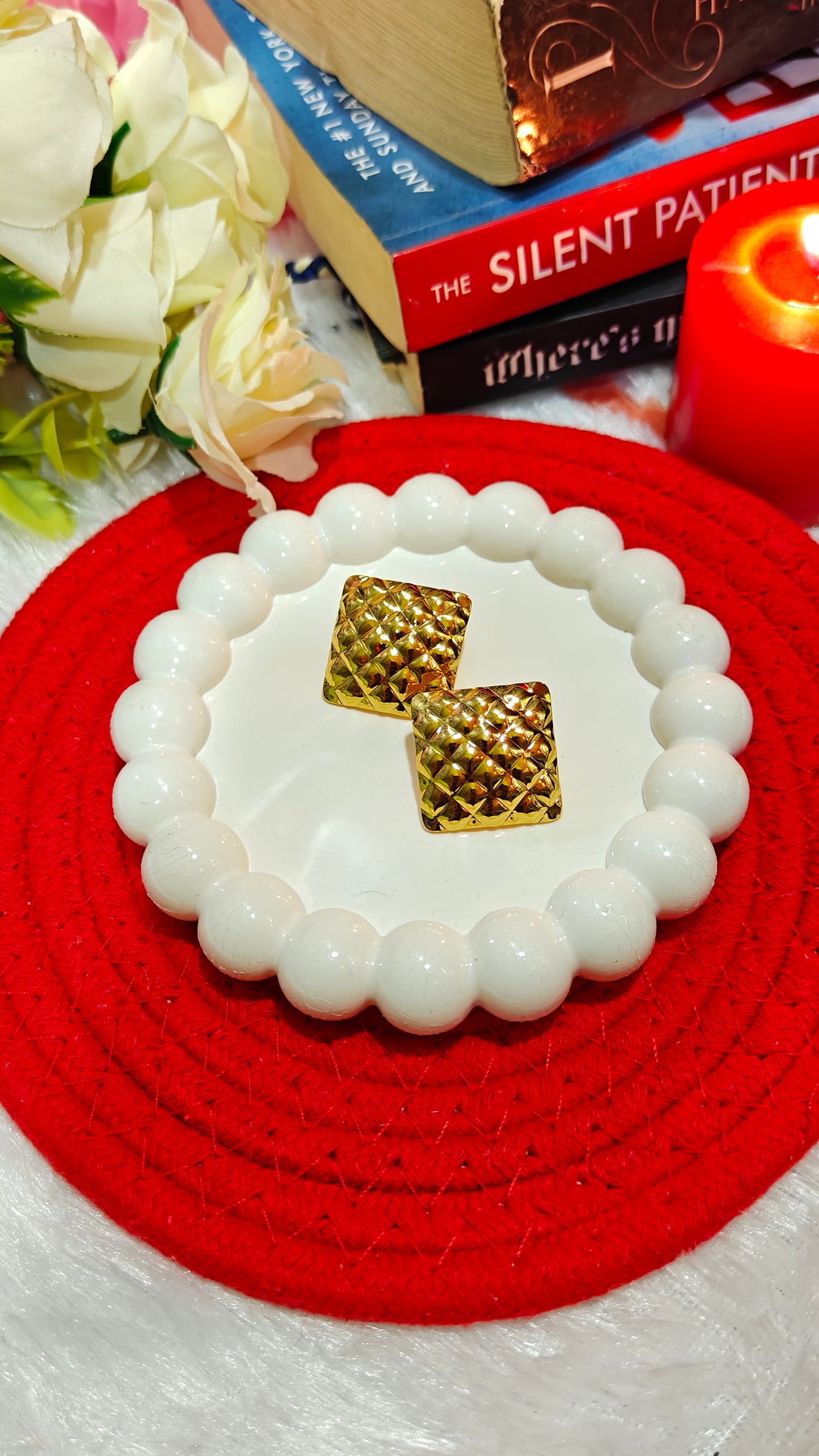 Golden Quilted Square Stud Earrings – Classic Statement Piece at Dilverse 💫