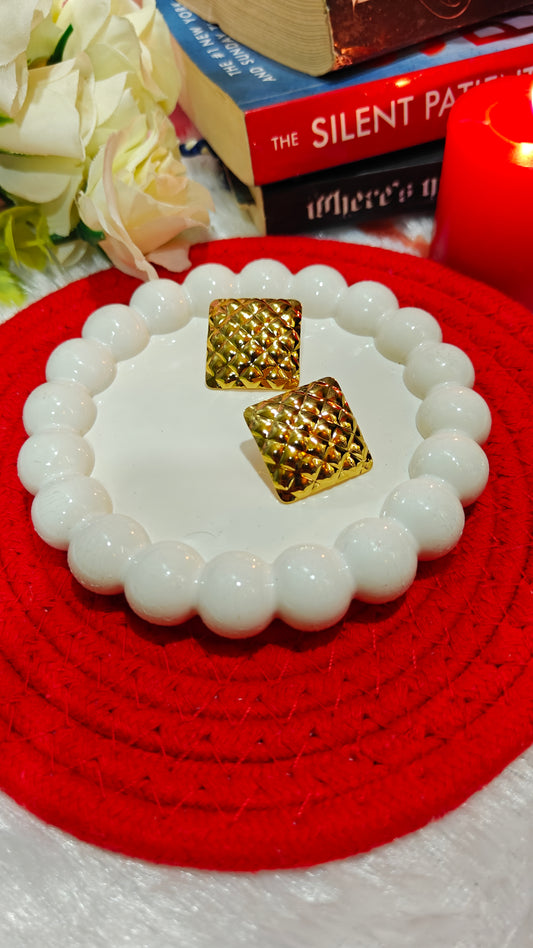 Golden Quilted Square Stud Earrings – Classic Statement Piece at Dilverse 💫