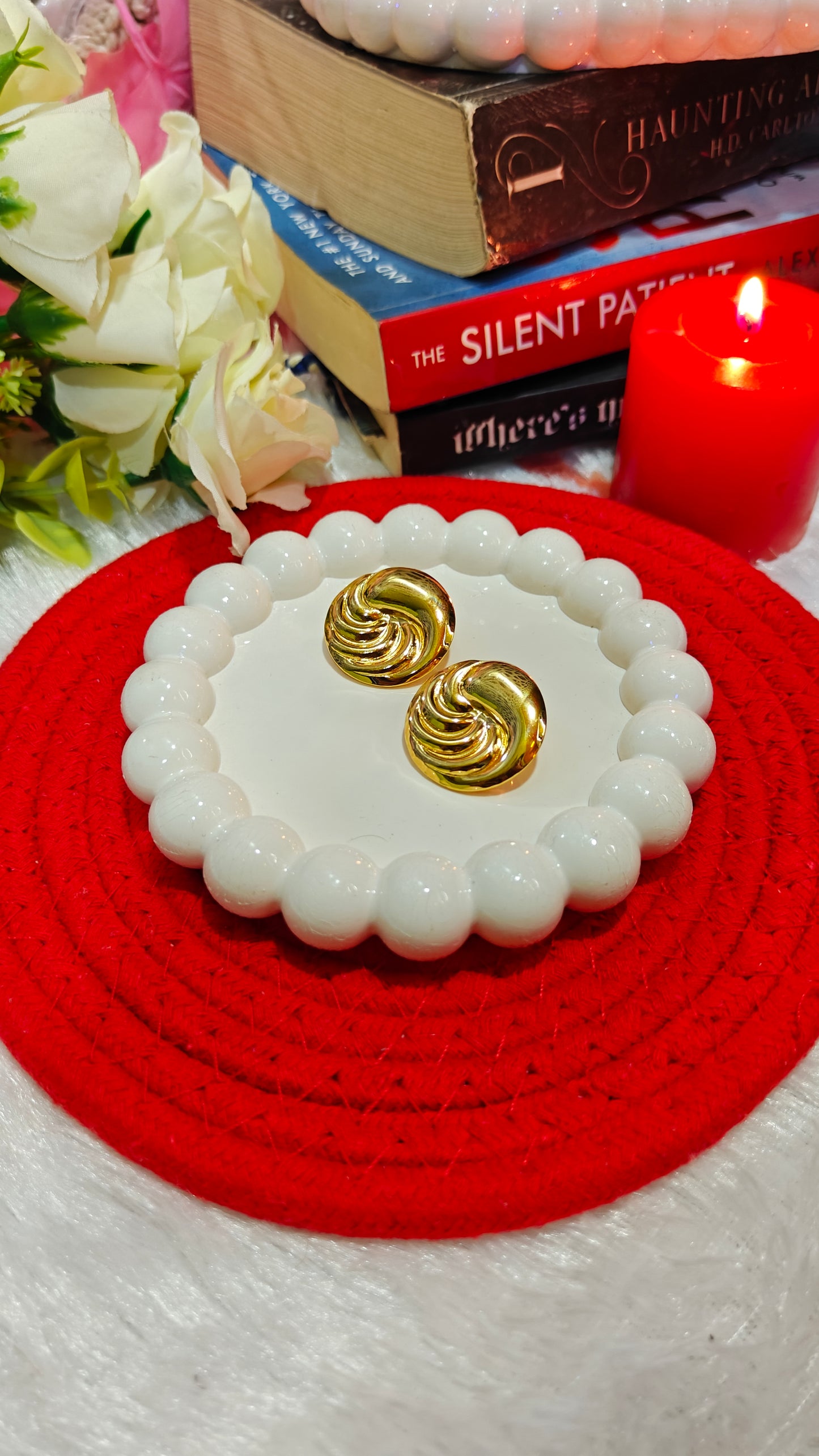 "Golden Swirl Studs: Retro Glam, Insta Slay"