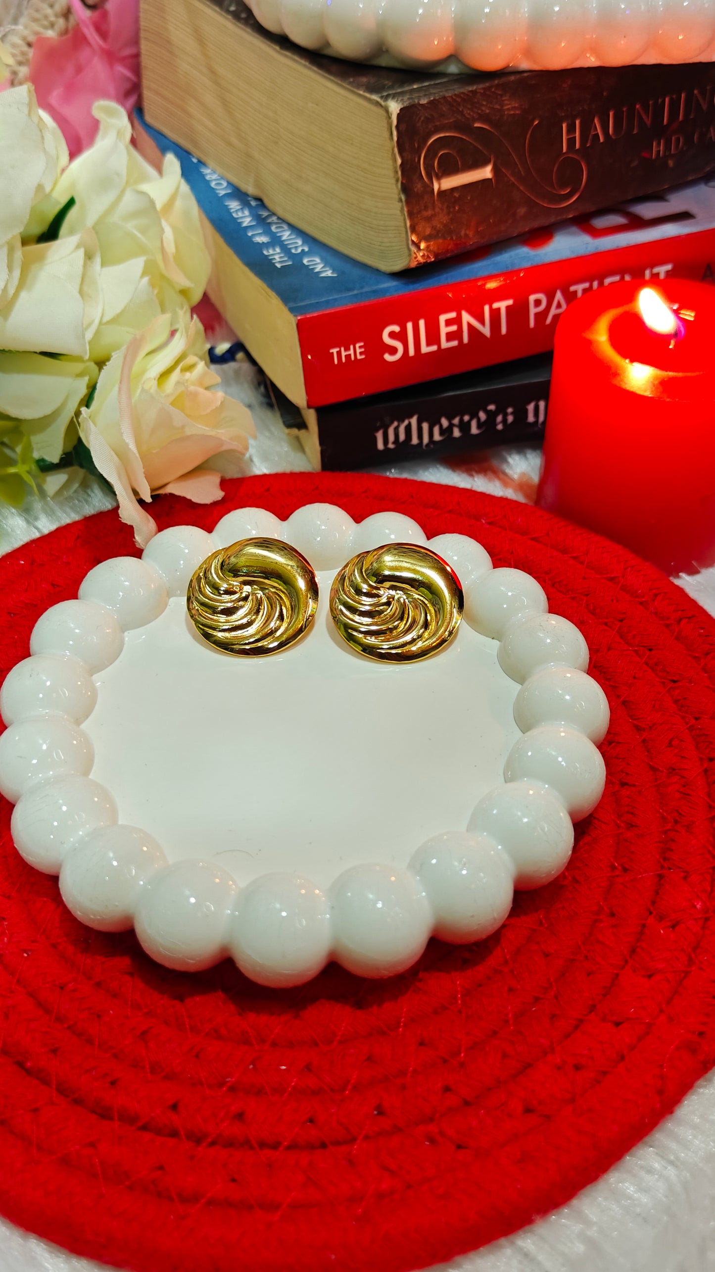 "Golden Swirl Studs: Retro Glam, Insta Slay"