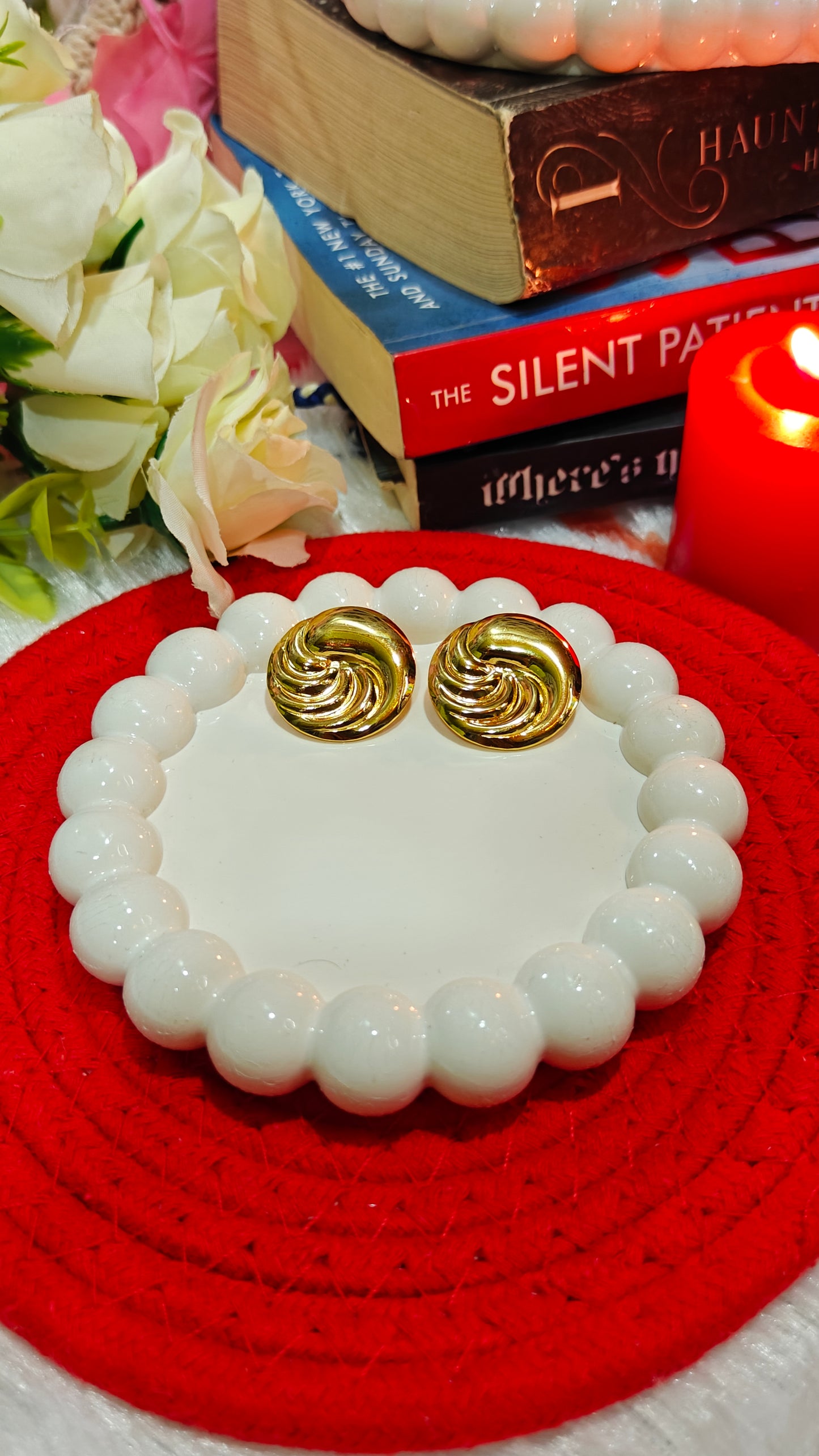 "Golden Swirl Studs: Retro Glam, Insta Slay"