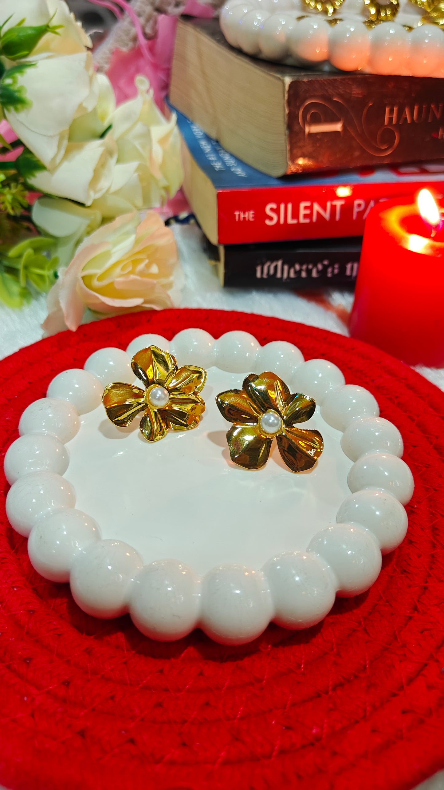 Eternal Bloom: Gold Flower Pearl Studs for the Bold Romantic