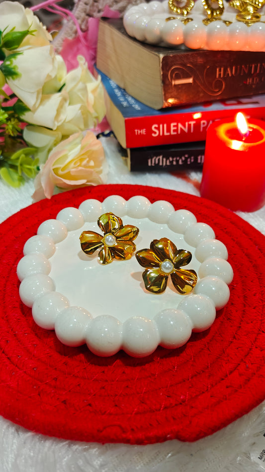 Eternal Bloom: Gold Flower Pearl Studs for the Bold Romantic