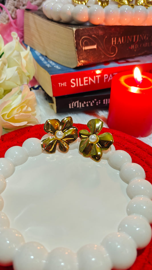 Eternal Bloom: Gold Flower Pearl Studs for the Bold Romantic