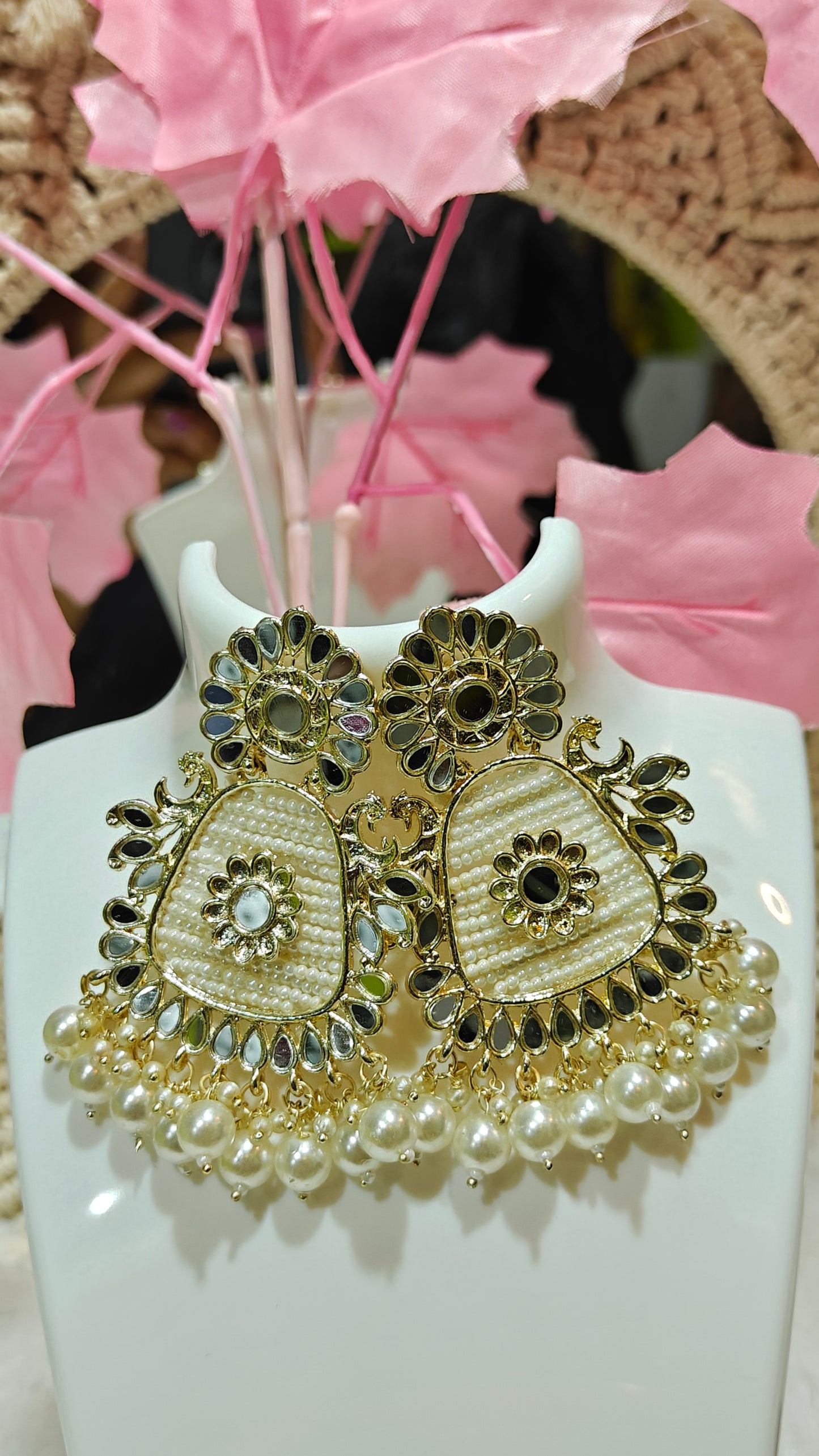 Ornate Pearl & Black Stone Statement Earrings at Dilverse