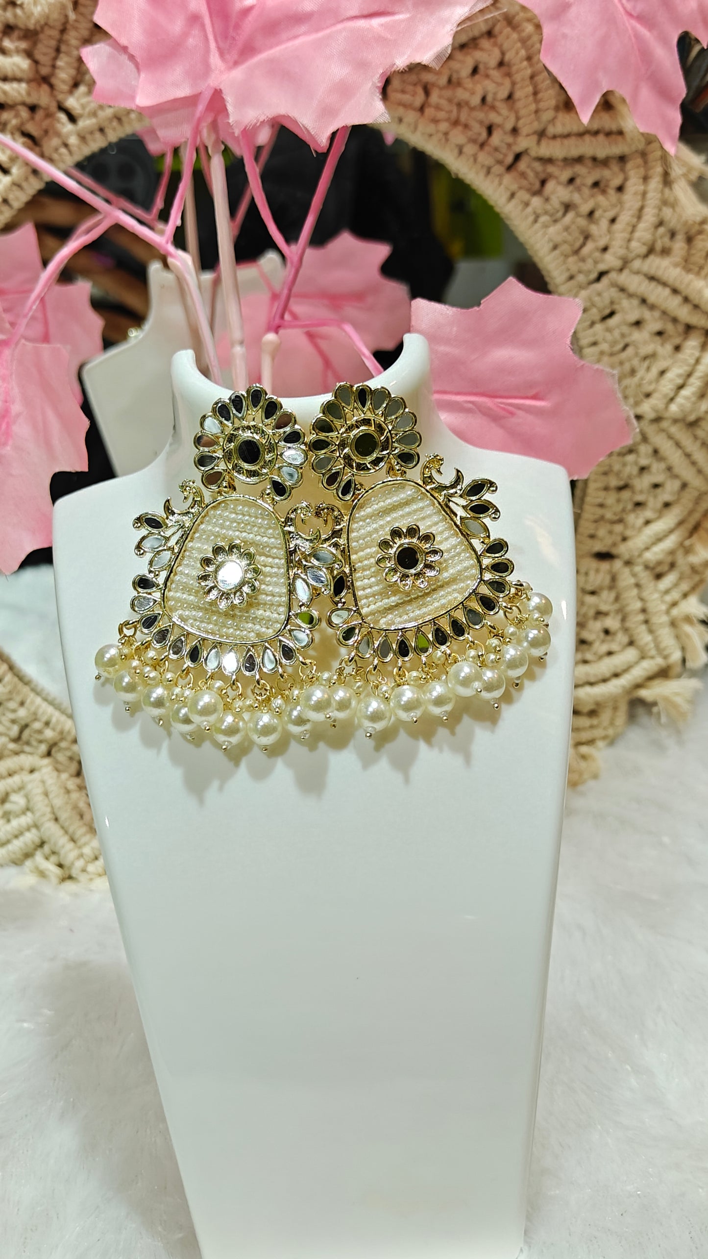 Ornate Pearl & Black Stone Statement Earrings at Dilverse