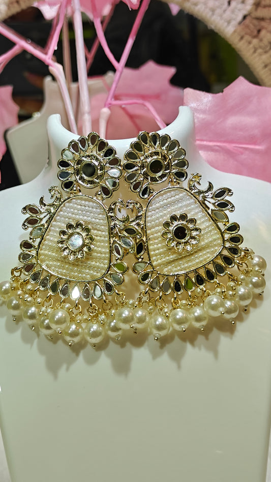 Ornate Pearl & Black Stone Statement Earrings at Dilverse