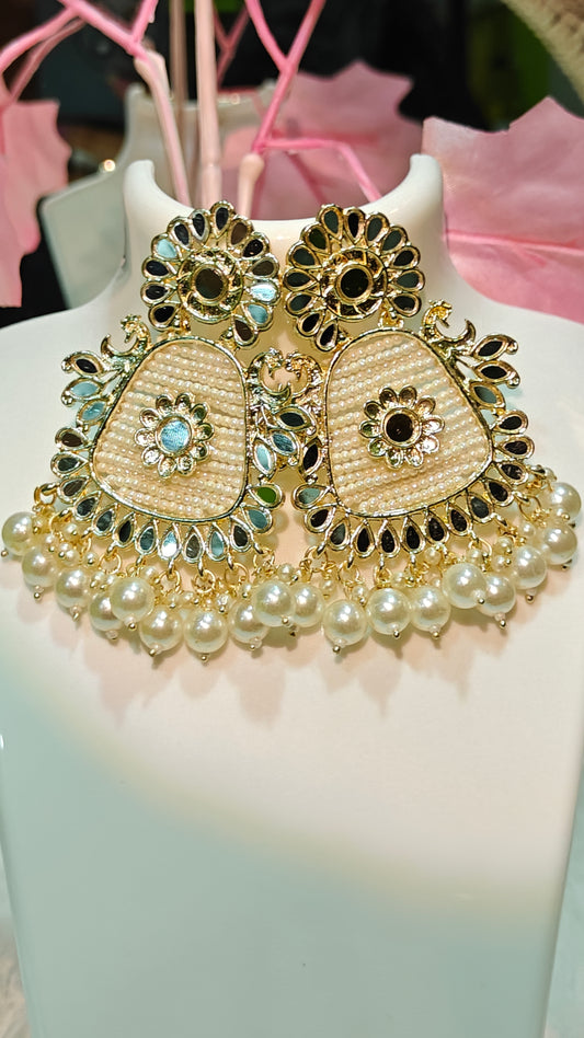 Ornate Pearl & Black Stone Statement Earrings at Dilverse