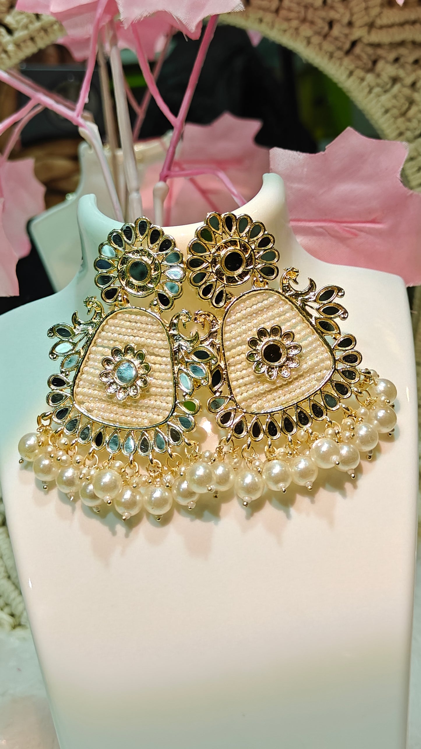 Ornate Pearl & Black Stone Statement Earrings at Dilverse