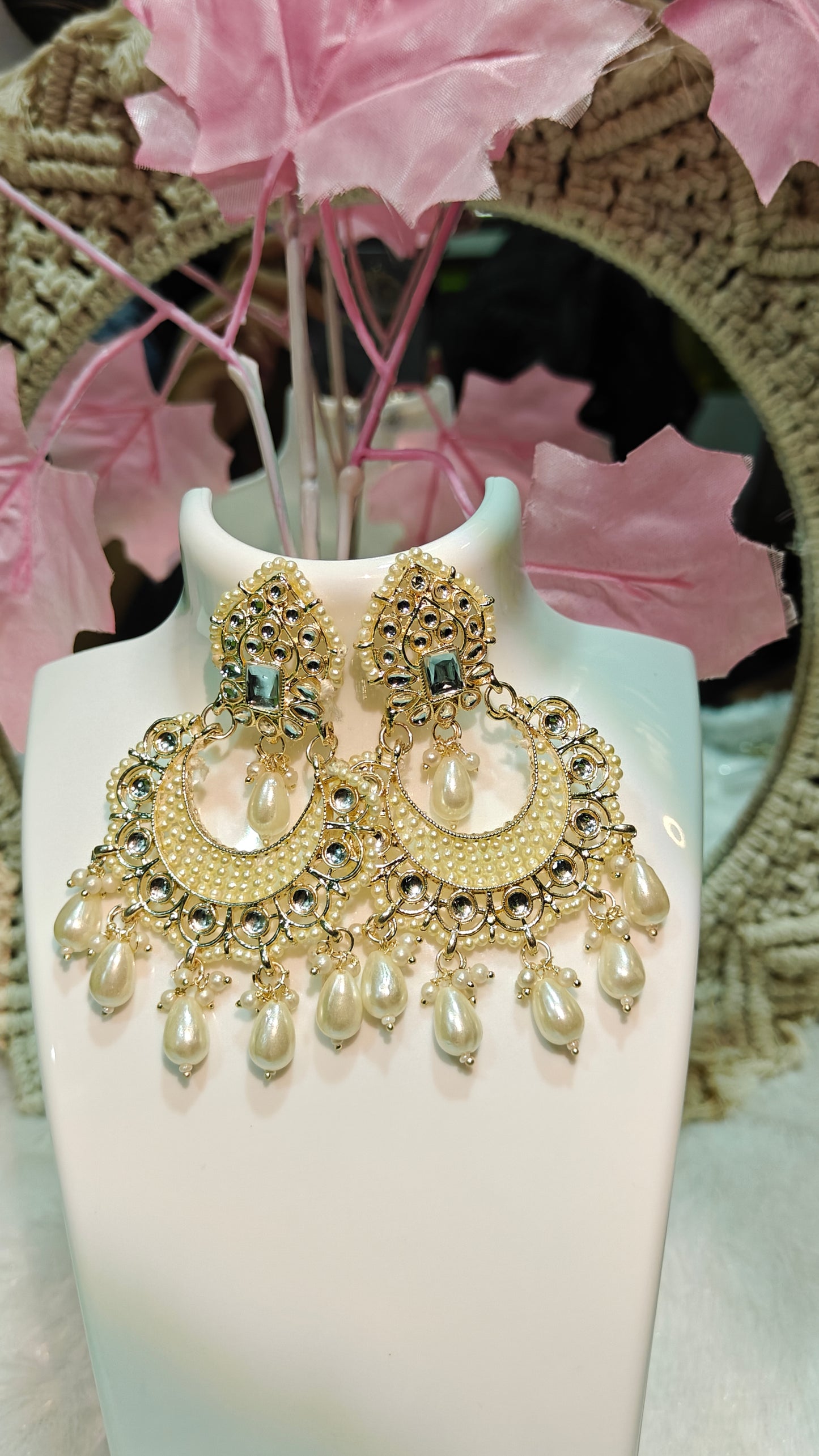 Exquisite Pearl & Black Stone Traditional Chandbali Earrings