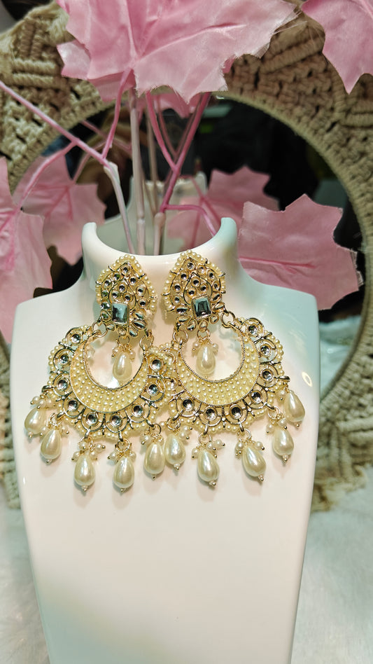 Exquisite Pearl & Black Stone Traditional Chandbali Earrings