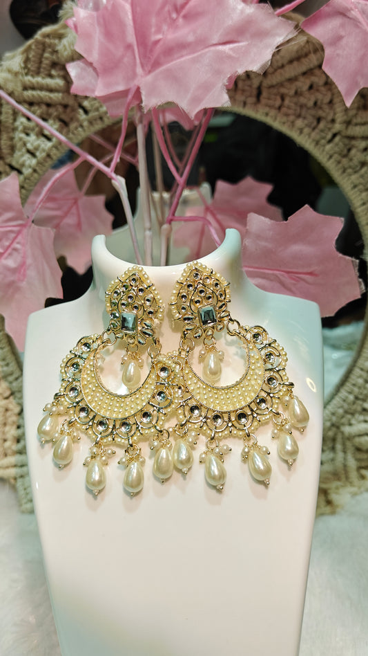 Exquisite Pearl & Black Stone Traditional Chandbali Earrings