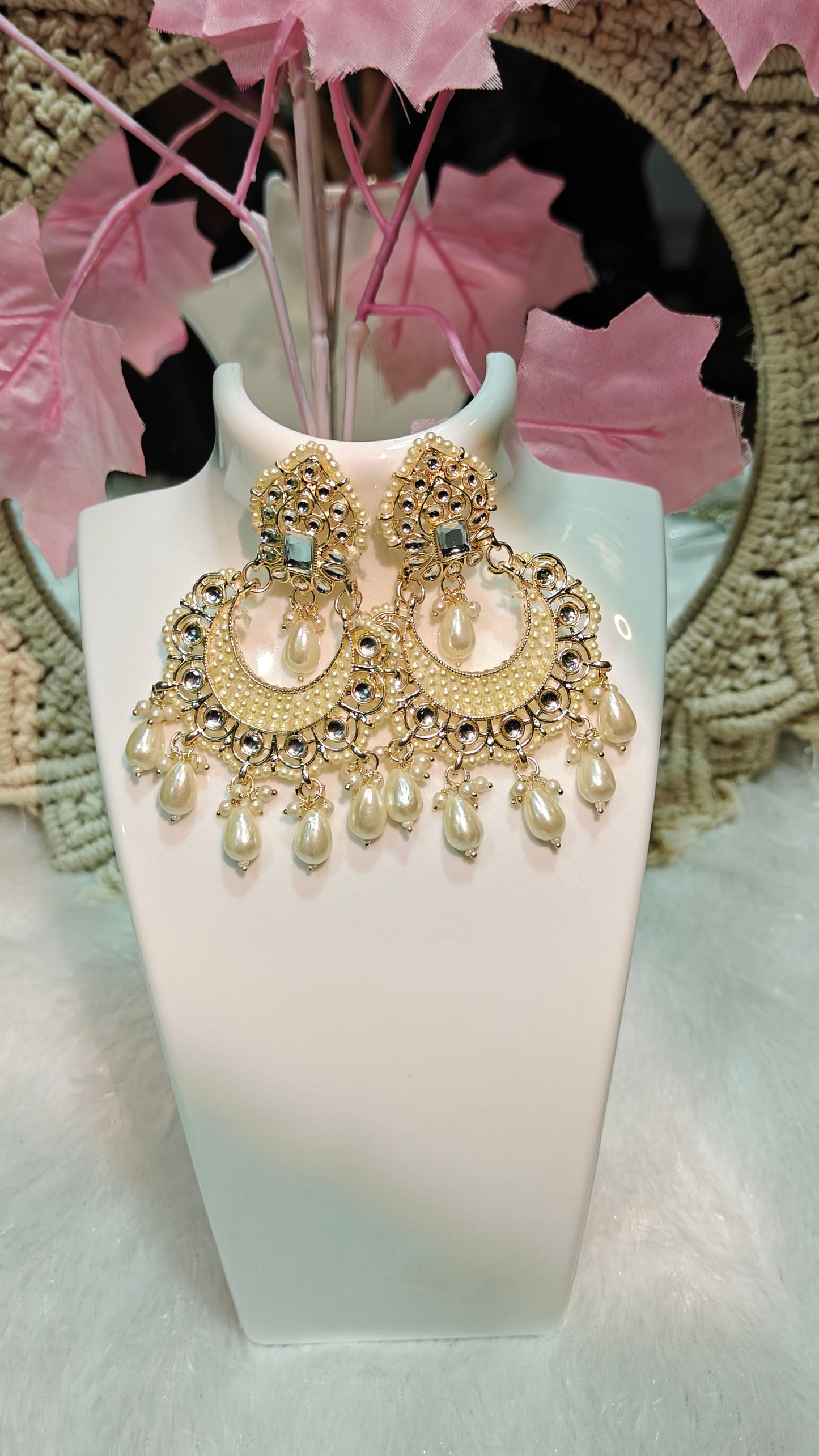 Exquisite Pearl & Black Stone Traditional Chandbali Earrings