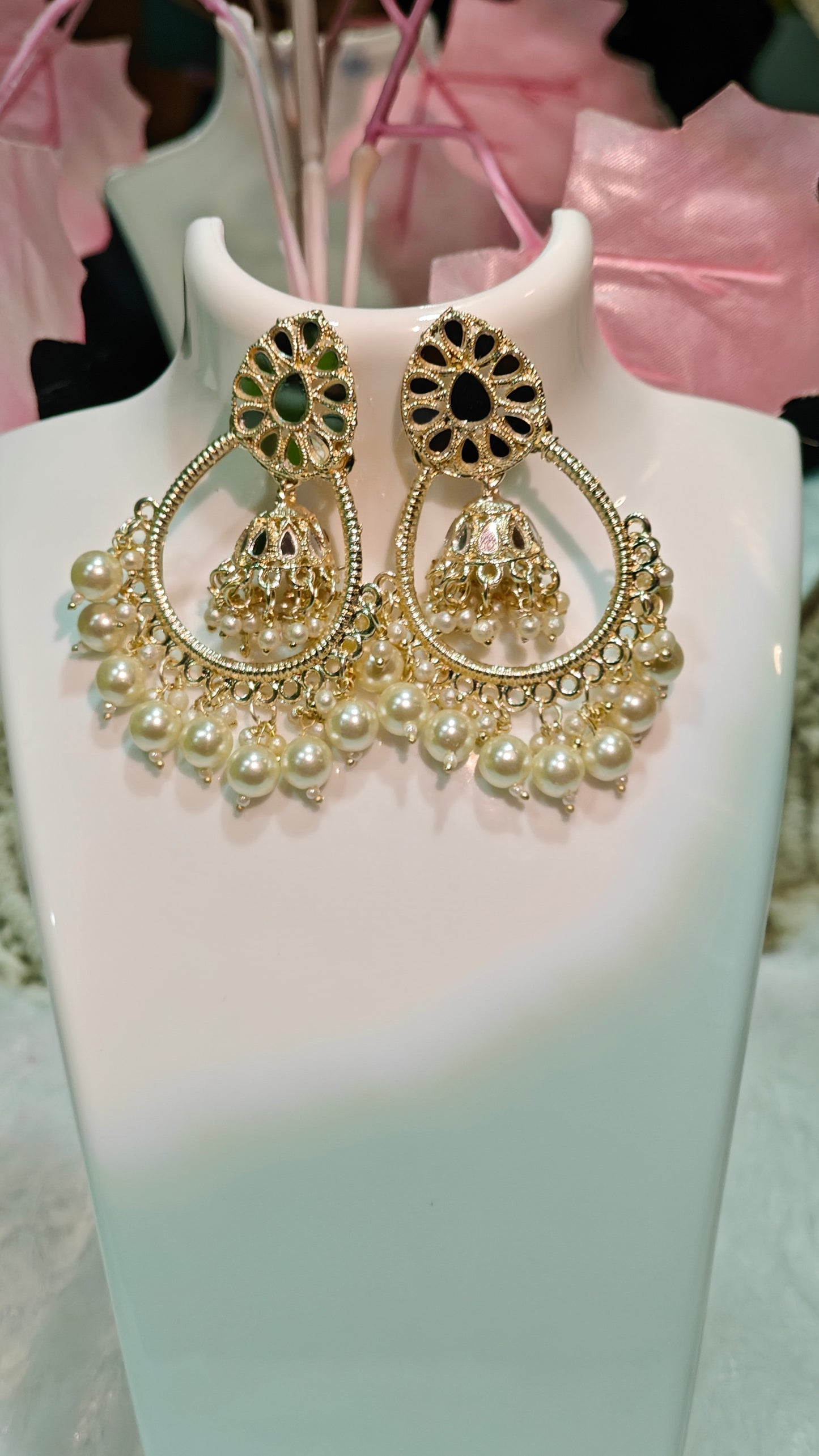 Stunning Pearl & Black Stone Traditional Dangle Earrings at Dilverse