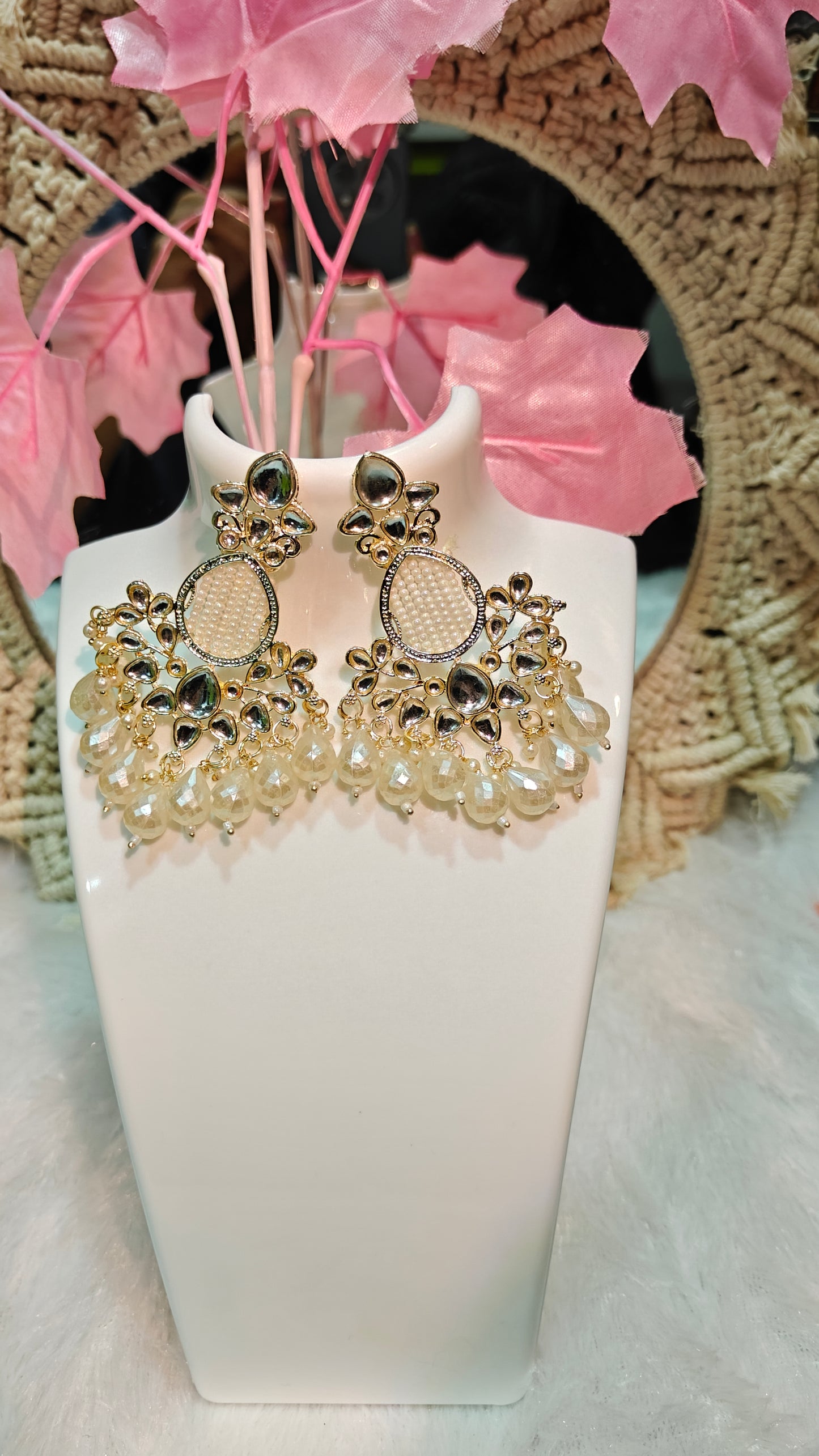 Gold-Tone Pearl & Kundan Chandbali Earrings with Beaded Drops at Dilverse