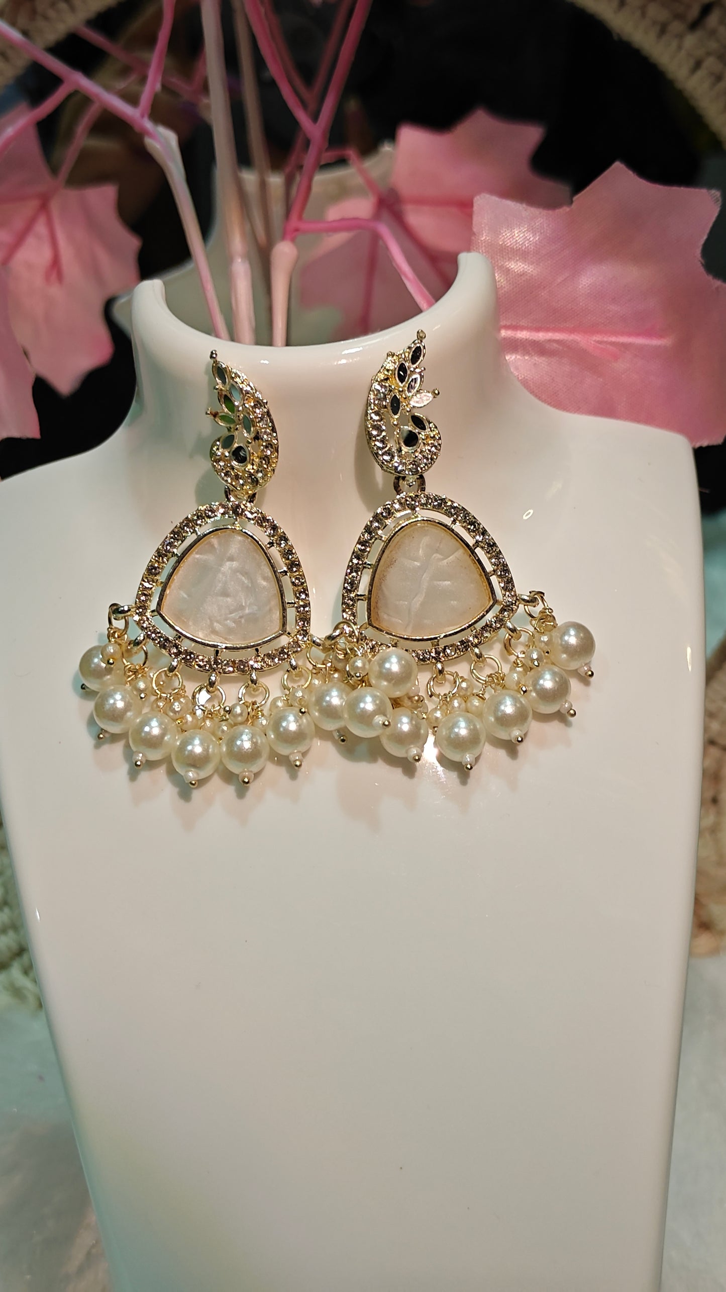 Elegant Gold & Pearl Statement Earrings with Crystal Detailing at Dilverse