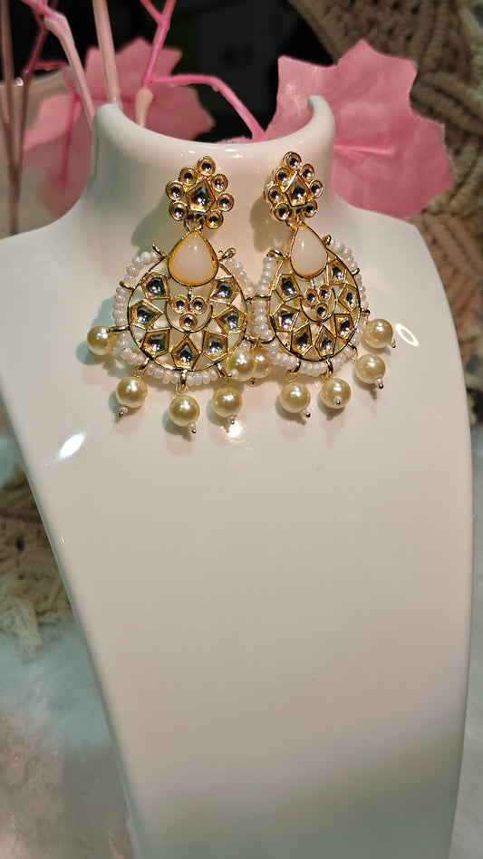 Elegant Gold & Pearl Kundan Chandbali Earrings with Tear Drop Danglers at Dilverse