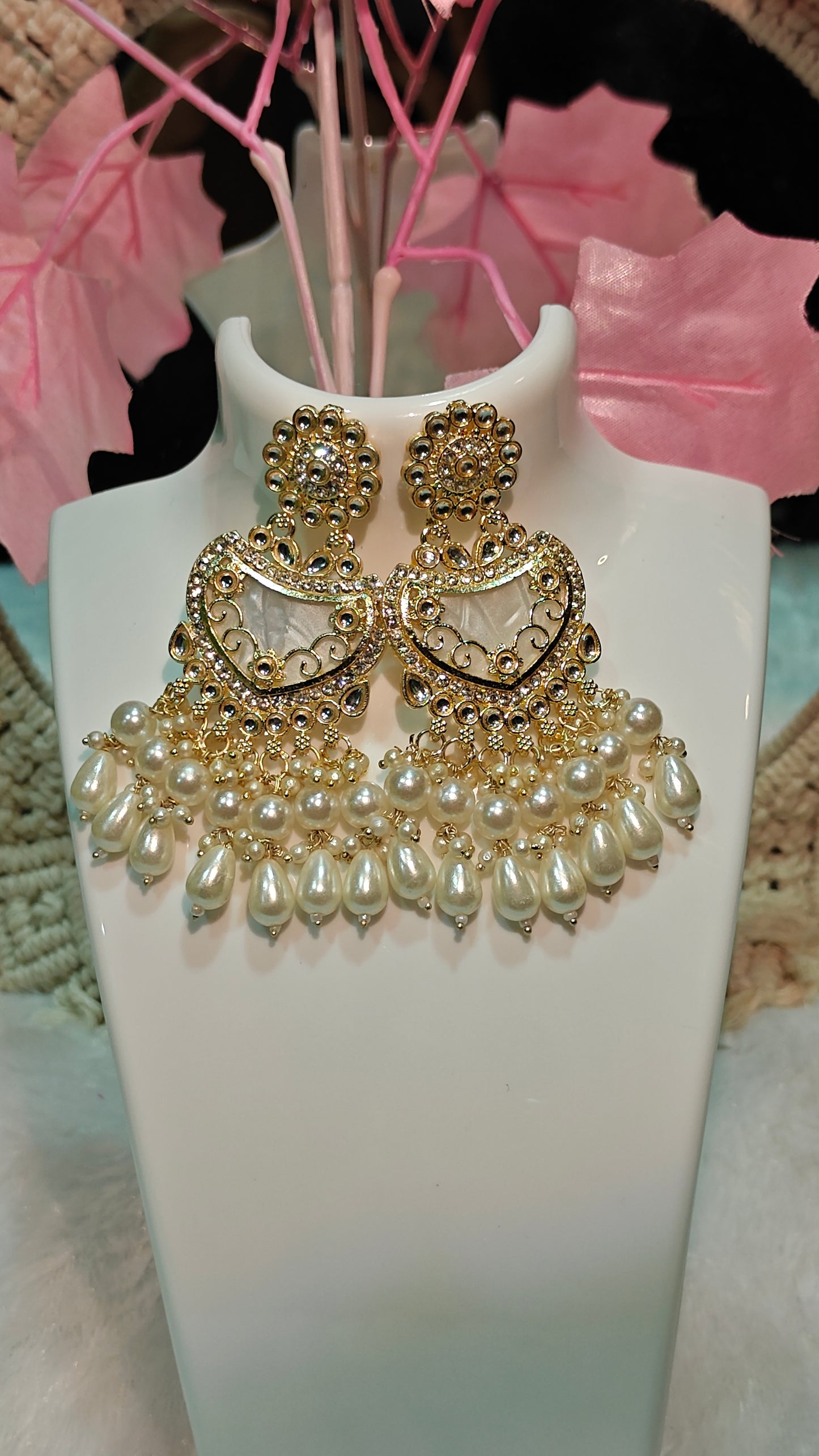 Gold-Toned Pearl Chandbali Earrings with Mirror Reflection Accents at Dilverse