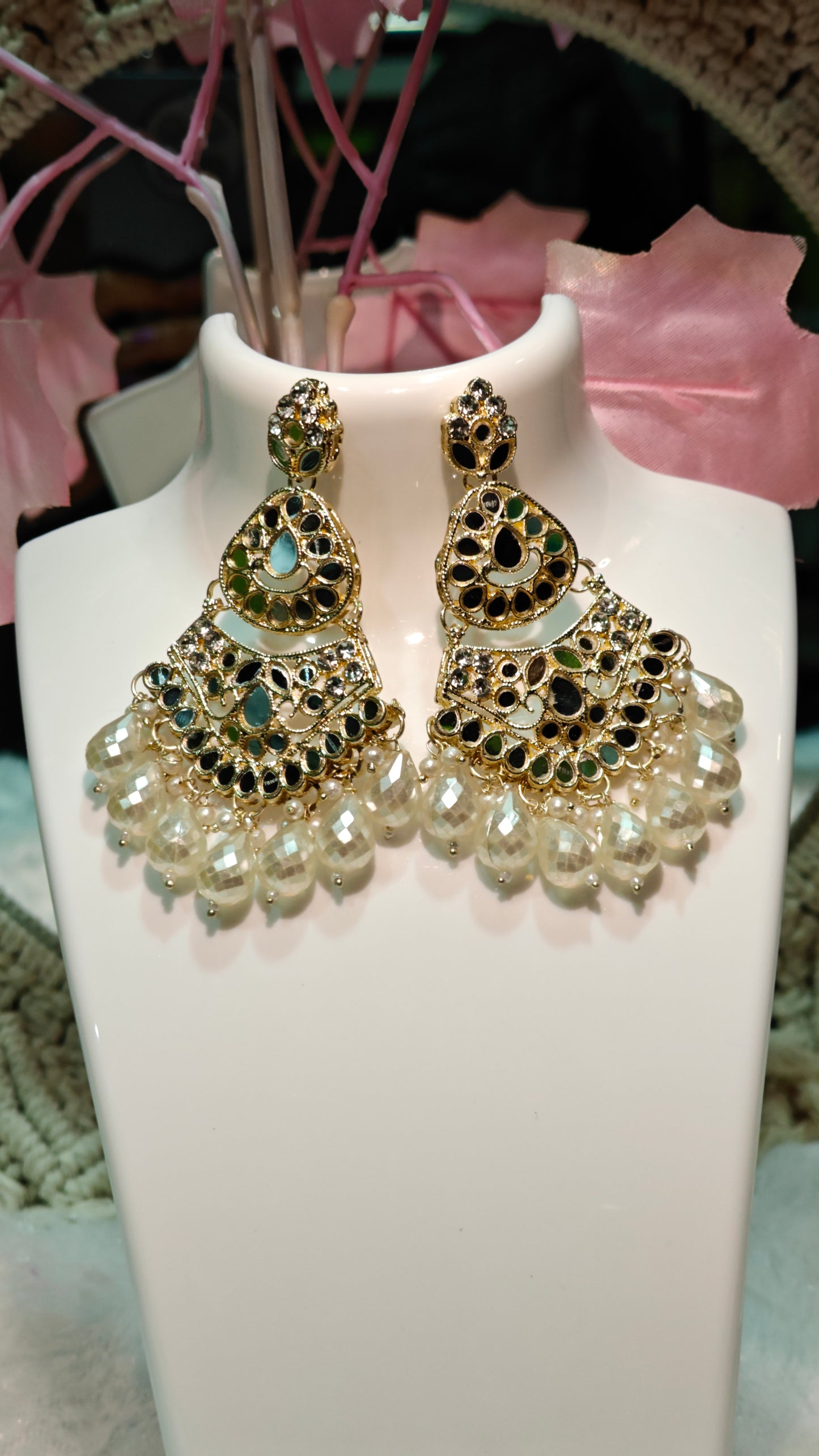 Intricate Gold-Plated Multi-Mirror & Pearl Drop Earrings at Dilverse