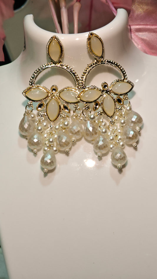 Elegant Gold-Plated Kundan Chandbali Earrings with Pearl & Crystal Danglers