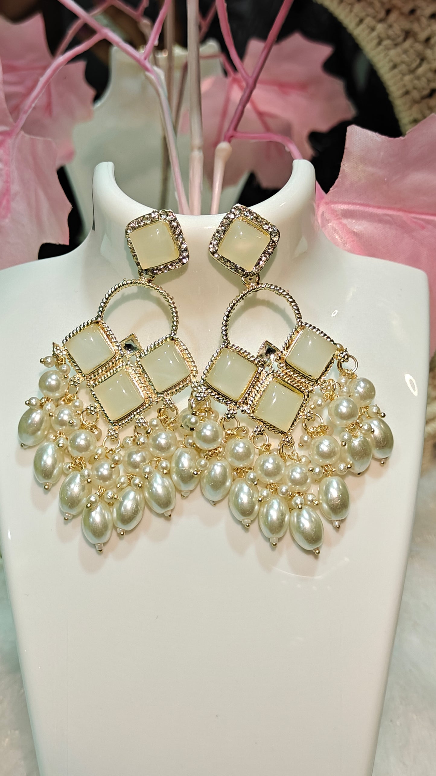 Statement Pearl & Gold-Tone Geometric Earrings at Dilverse