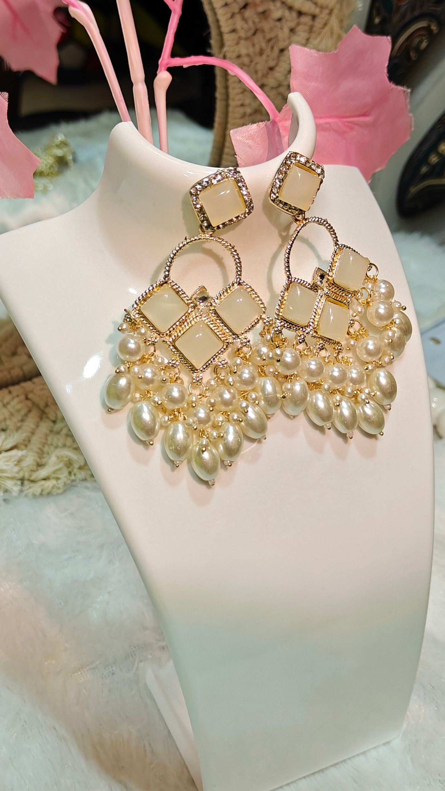 Statement Pearl & Gold-Tone Geometric Earrings at Dilverse