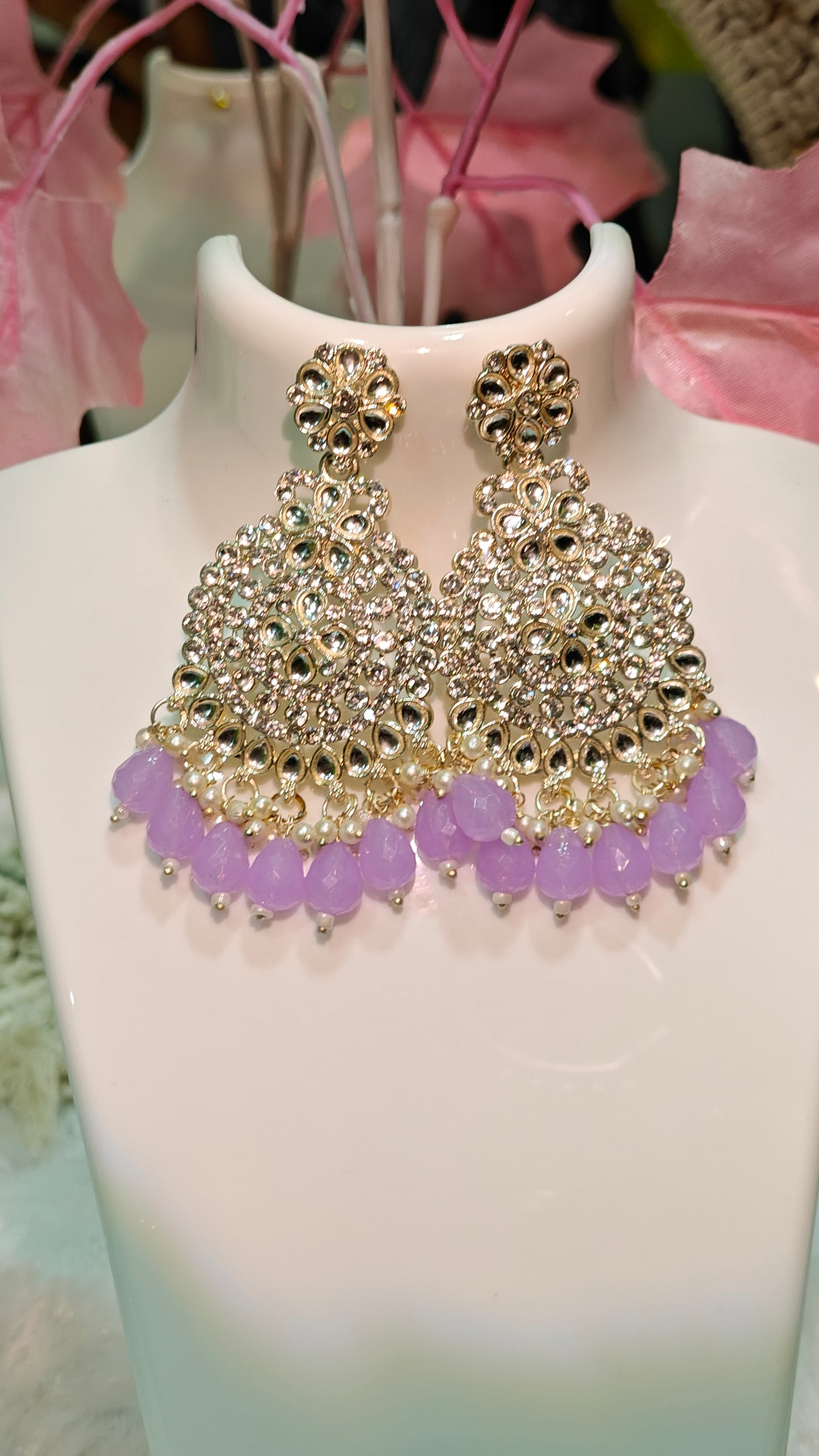 Stunning Pearl & Kundan Chandbali Earrings with Crystal Droplets at Dilverse