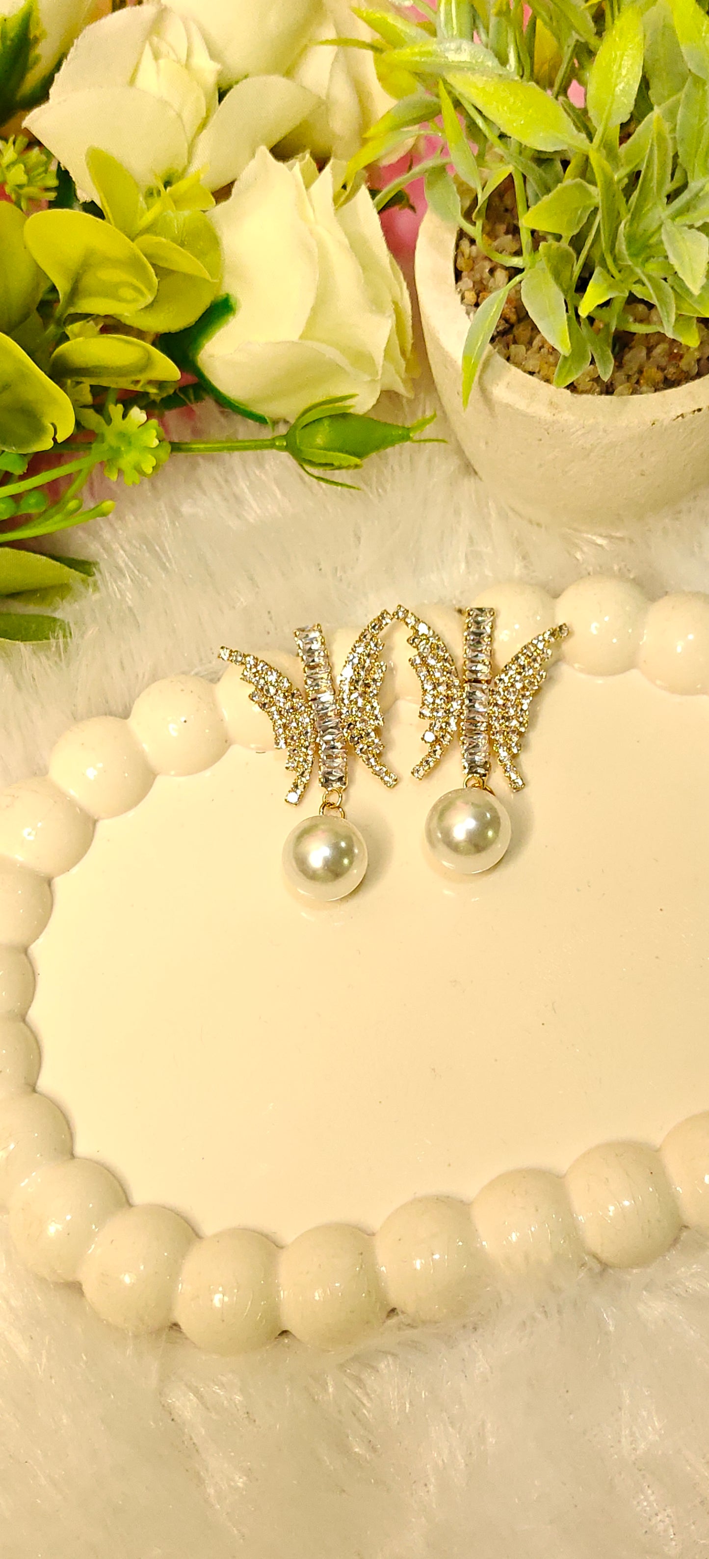 Sparkling Butterfly Crystal Earrings with Elegant Pearl Drop by Dilverse