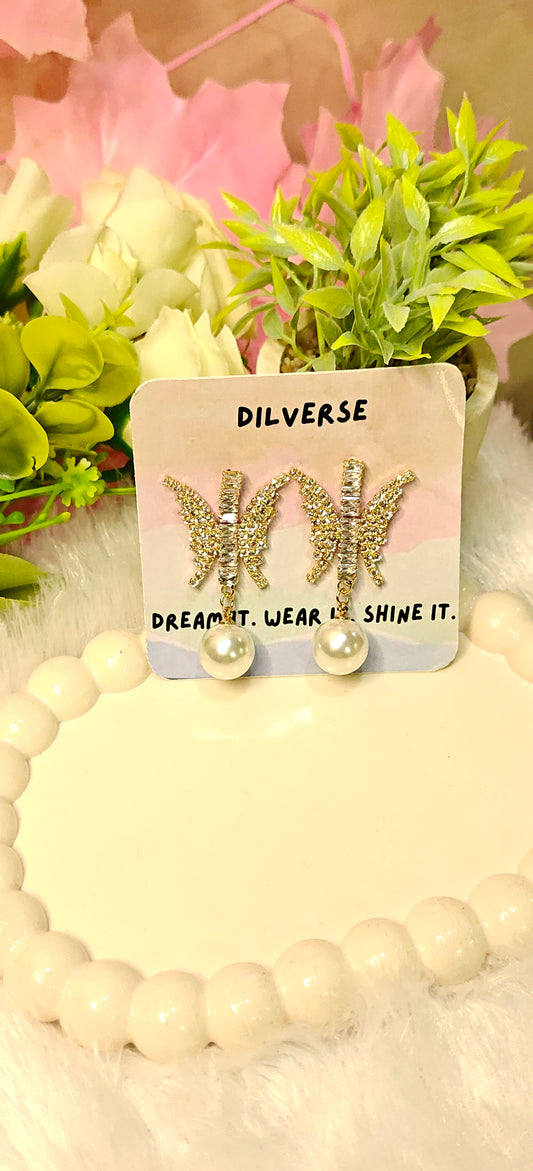 Sparkling Butterfly Crystal Earrings with Elegant Pearl Drop by Dilverse