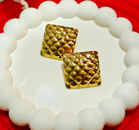 Golden Quilted Square Stud Earrings – Classic Statement Piece at Dilverse 💫