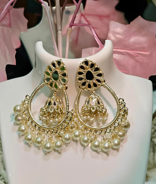 Stunning Pearl & Black Stone Traditional Dangle Earrings at Dilverse