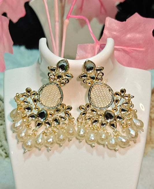 Gold-Tone Pearl & Kundan Chandbali Earrings with Beaded Drops at Dilverse