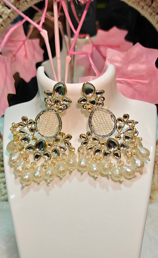 Gold-Tone Pearl & Kundan Chandbali Earrings with Beaded Drops at Dilverse