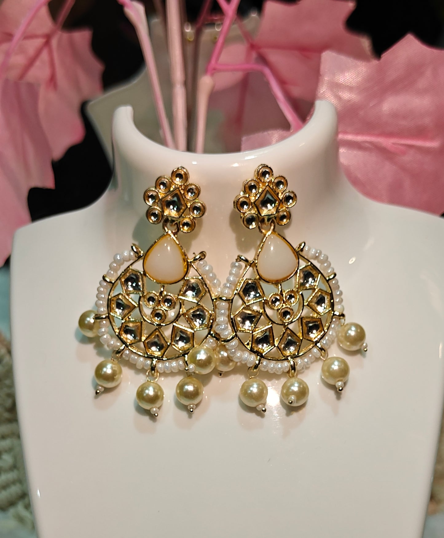 Elegant Gold & Pearl Kundan Chandbali Earrings with Tear Drop Danglers at Dilverse