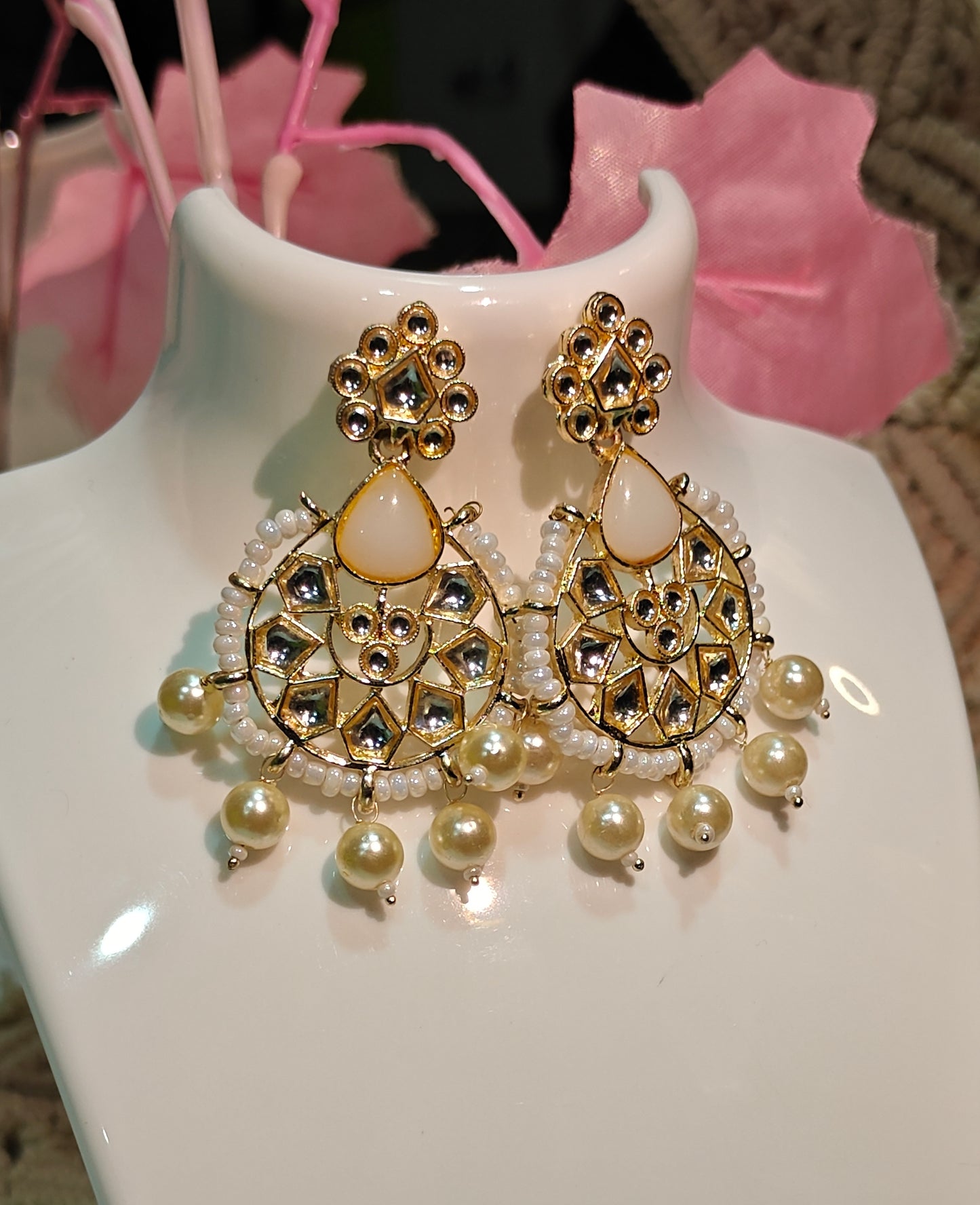 Elegant Gold & Pearl Kundan Chandbali Earrings with Tear Drop Danglers at Dilverse
