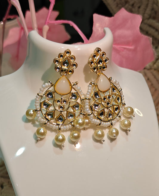 Elegant Gold & Pearl Kundan Chandbali Earrings with Tear Drop Danglers at Dilverse
