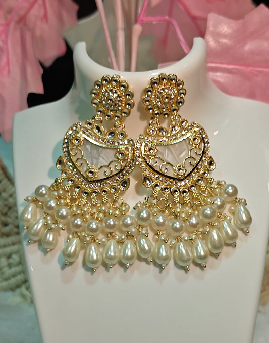 Gold-Toned Pearl Chandbali Earrings with Mirror Reflection Accents at Dilverse