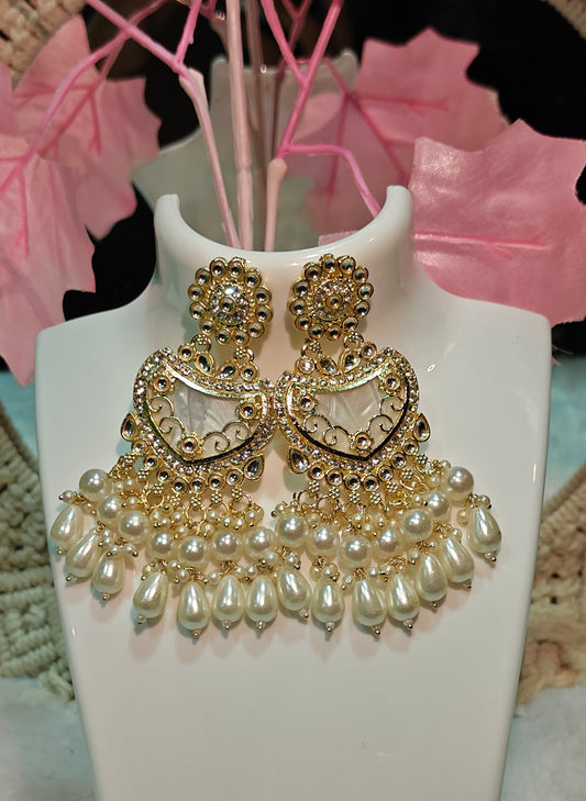 Gold-Toned Pearl Chandbali Earrings with Mirror Reflection Accents at Dilverse