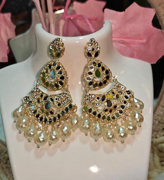 Intricate Gold-Plated Multi-Mirror & Pearl Drop Earrings at Dilverse