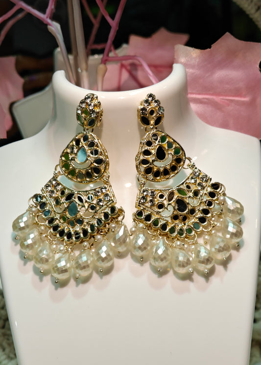 Intricate Gold-Plated Multi-Mirror & Pearl Drop Earrings at Dilverse