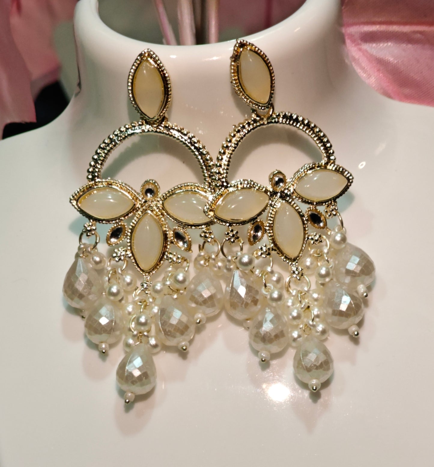Elegant Gold-Plated Kundan Chandbali Earrings with Pearl & Crystal Danglers