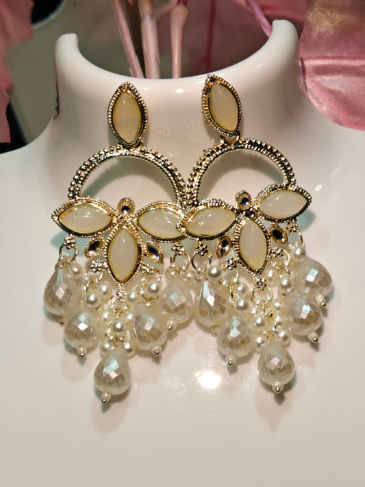 Elegant Gold-Plated Kundan Chandbali Earrings with Pearl & Crystal Danglers