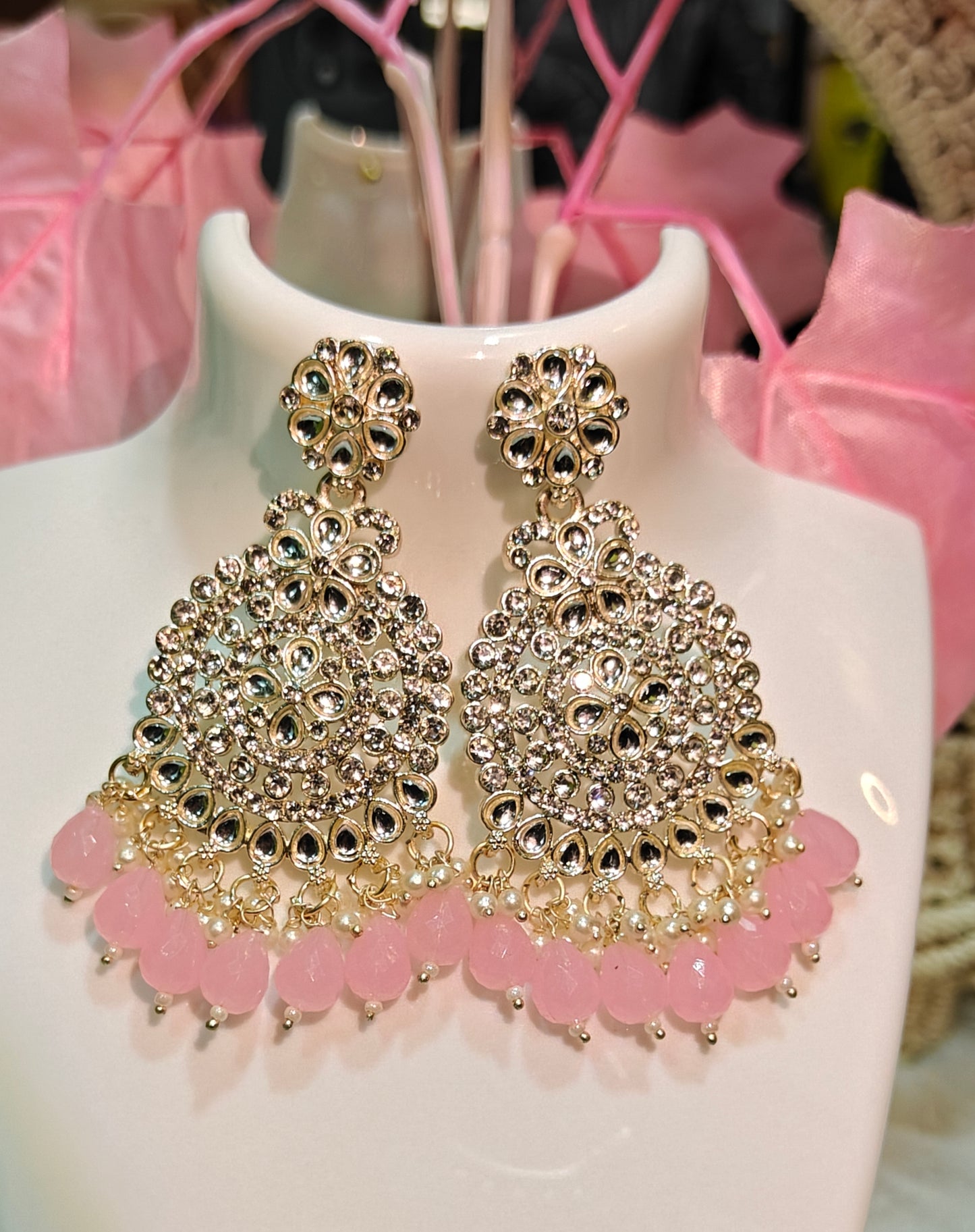 Stunning Pearl & Kundan Chandbali Earrings with Crystal Droplets at Dilverse