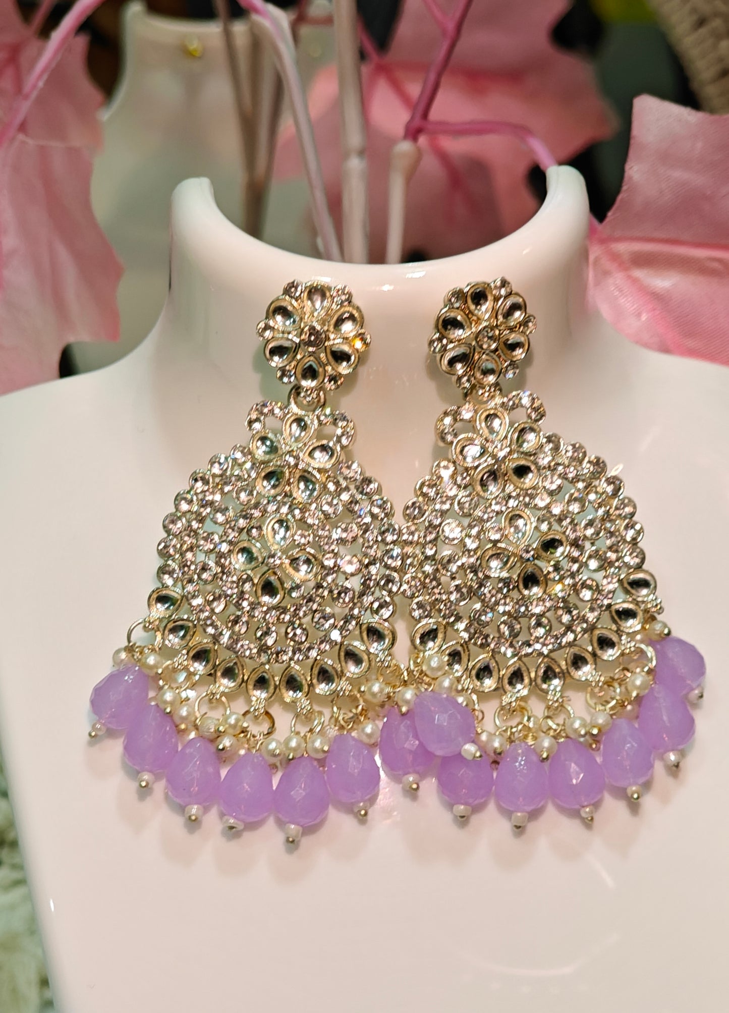 Stunning Pearl & Kundan Chandbali Earrings with Crystal Droplets at Dilverse