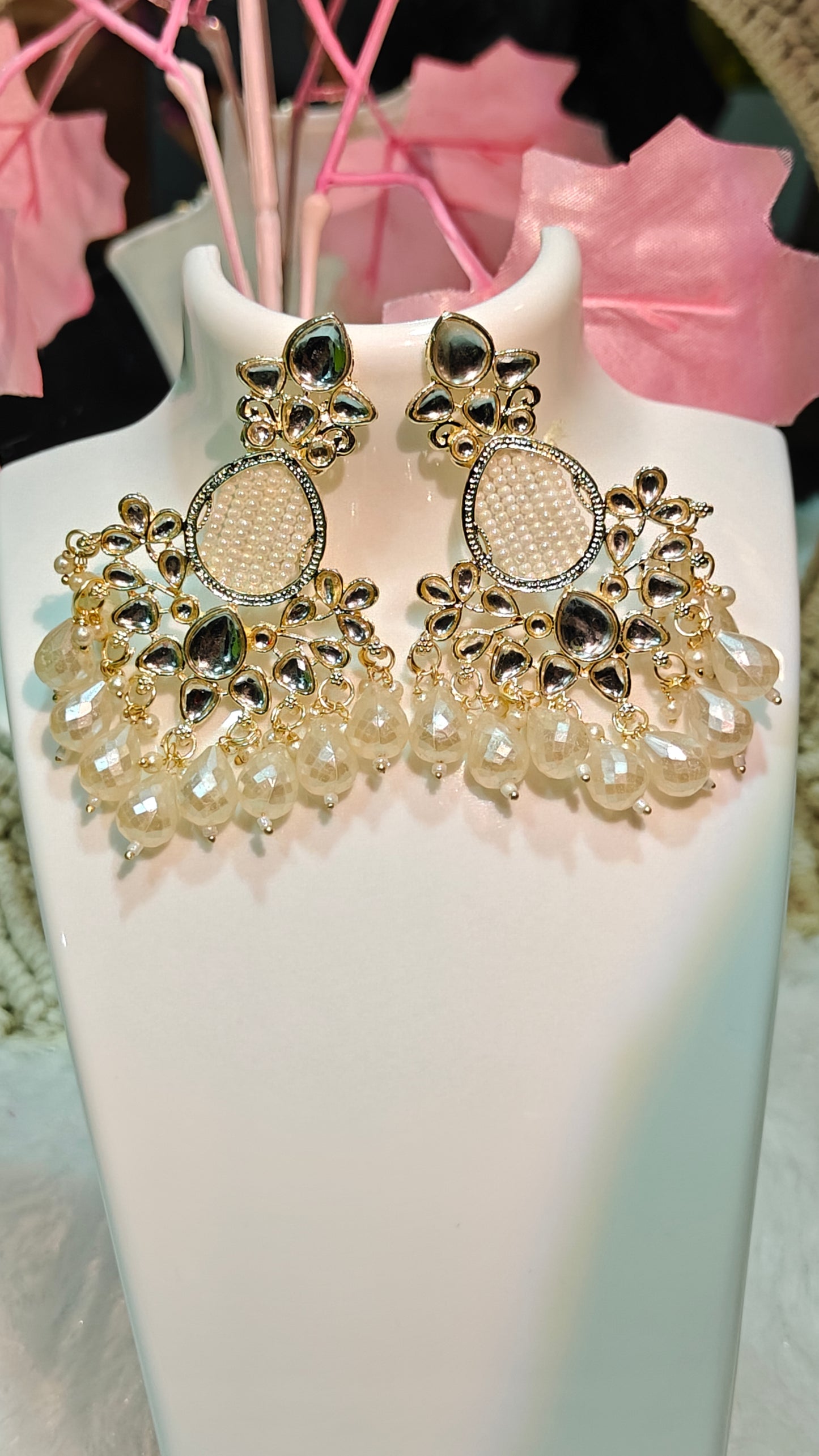 Gold-Tone Pearl & Kundan Chandbali Earrings with Beaded Drops at Dilverse
