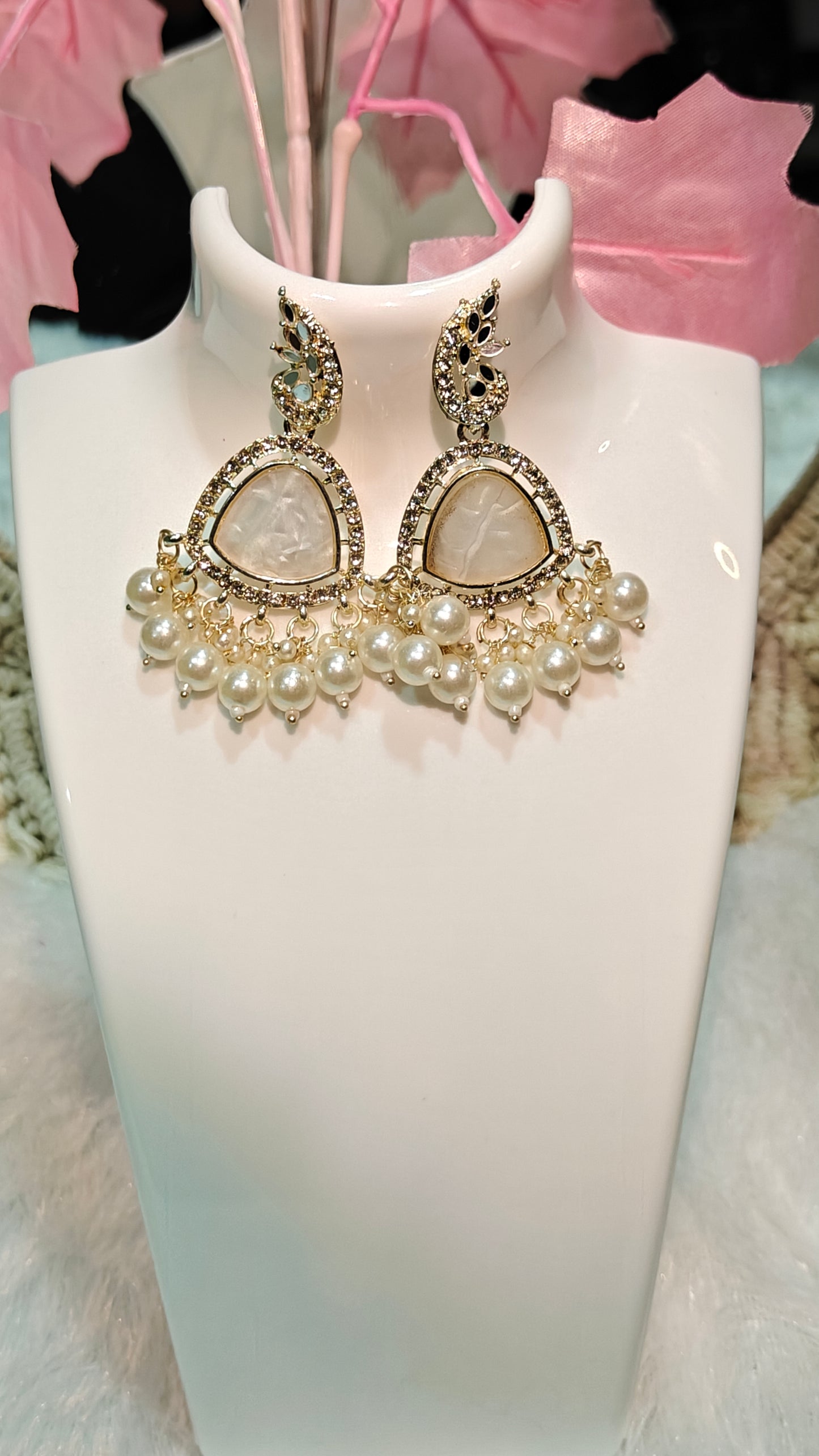 Elegant Gold & Pearl Statement Earrings with Crystal Detailing at Dilverse