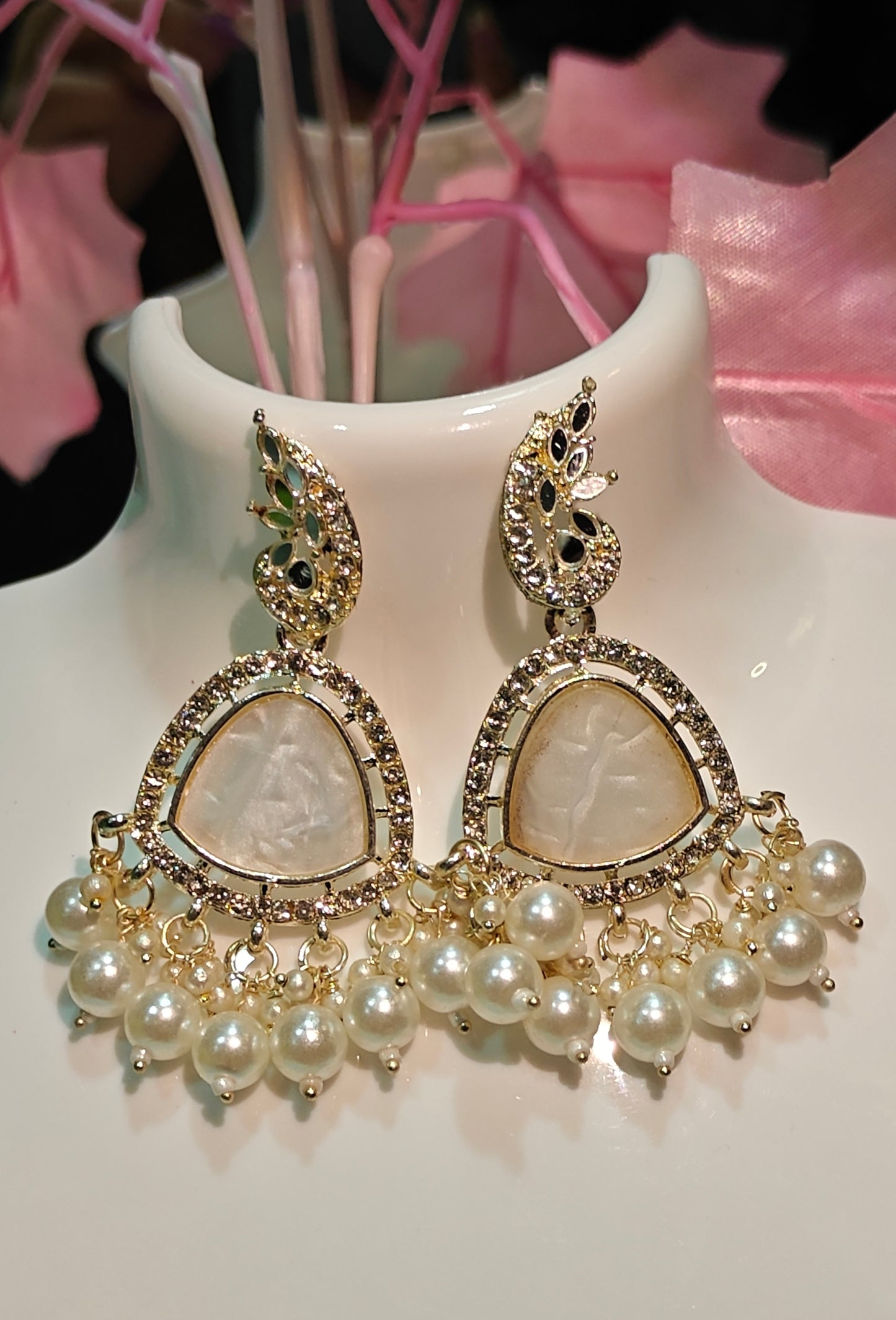 Elegant Gold & Pearl Statement Earrings with Crystal Detailing at Dilverse