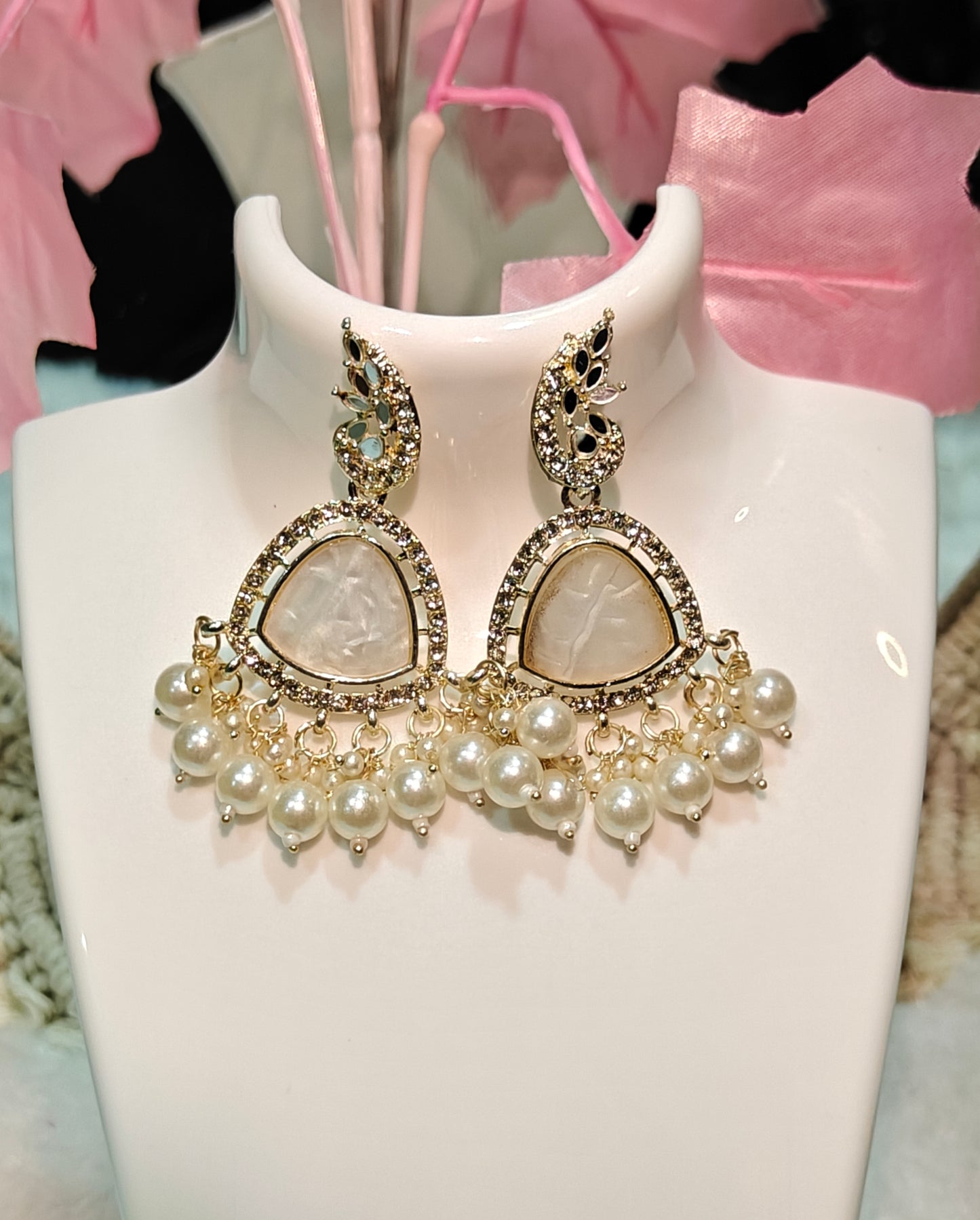 Elegant Gold & Pearl Statement Earrings with Crystal Detailing at Dilverse